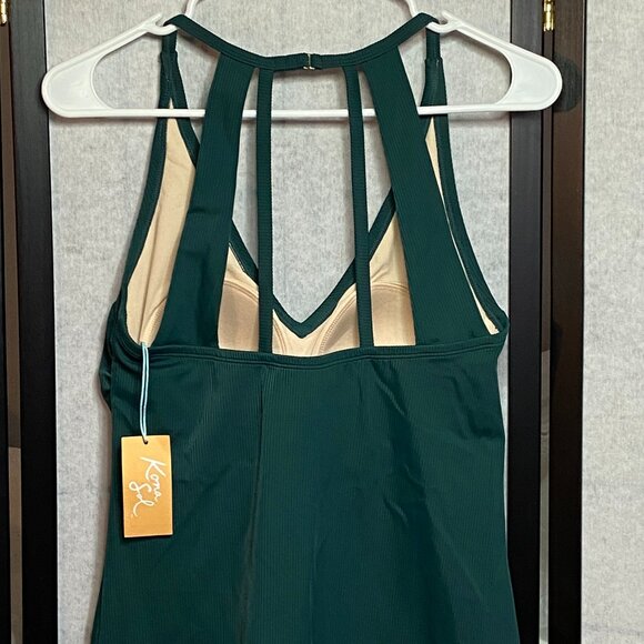 Kona Sol Ribbed V Neck Stretch Strappy Racerback Swim Tankini Top Green NWT - Picture 4 of 10